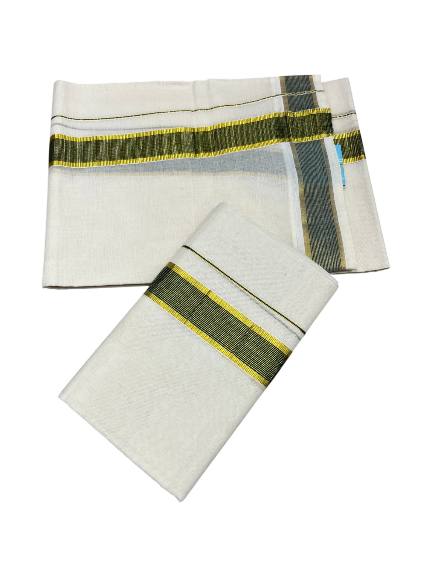 Southloom Pure Cotton Kerala Kasavu Set Mundu (Mundum Neriyathum) Kasavu & Dark Green Border in 2.80 Mtrs