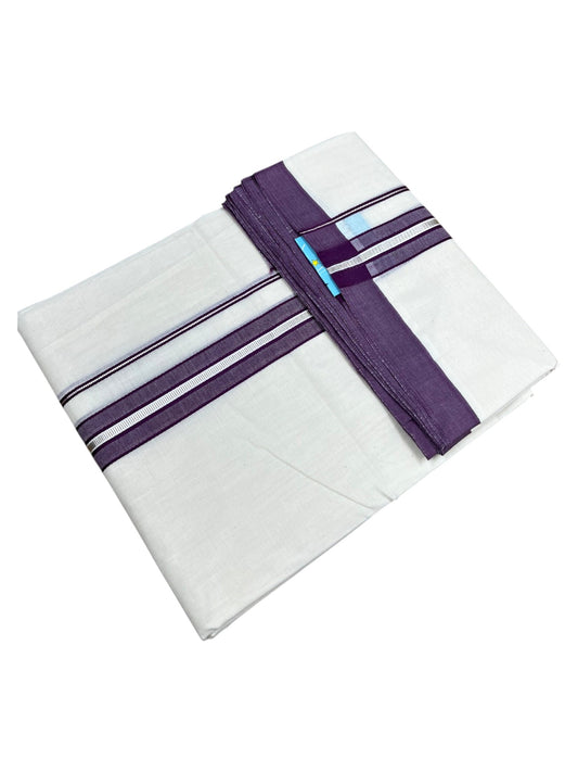 Southloom Pure Cotton Mundu with Silver Lines and Purple Border (South Indian Kerala Dhoti)