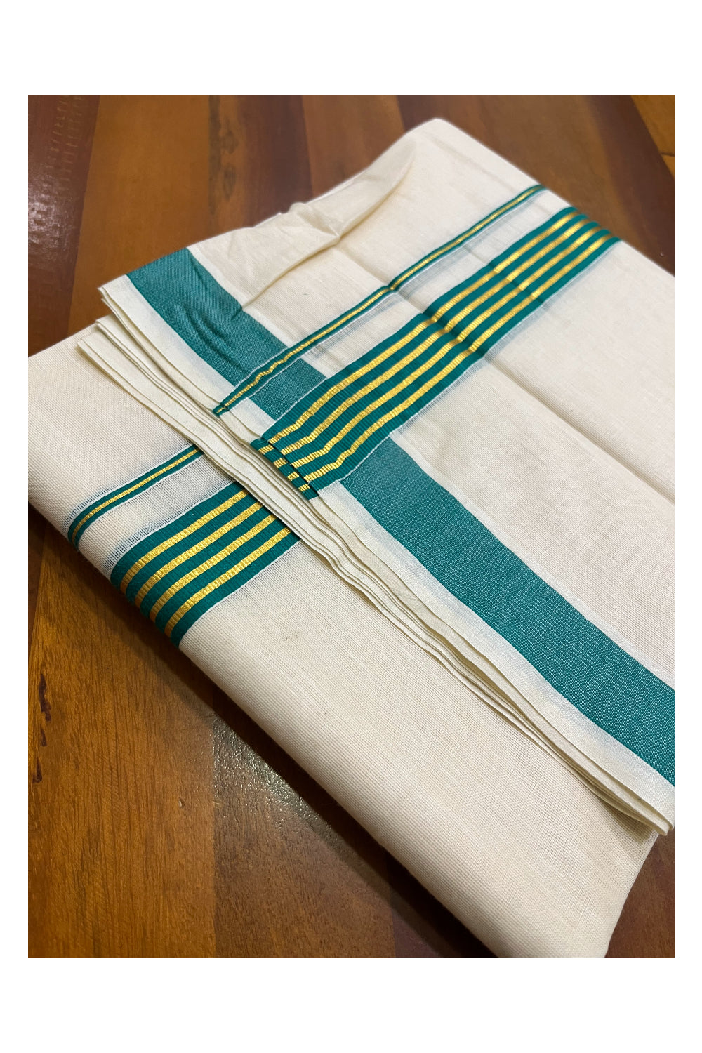 Kerala Pure Cotton Double Mundu with Green and Kasavu Lines Border (South Indian Kerala Dhoti)