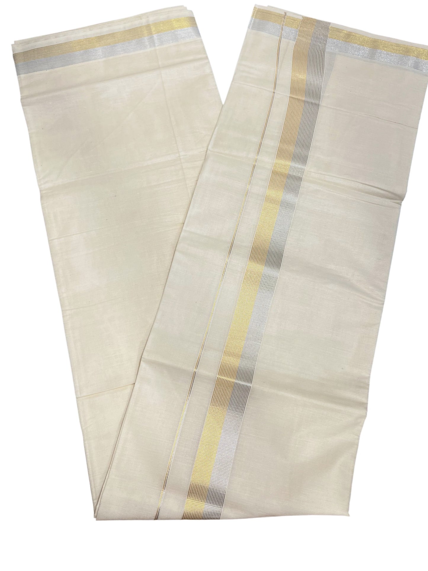 Kerala Cotton Double Mundu with Silver And Golden Border  (South Indian Dhoti)