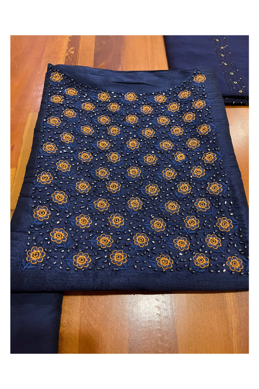 Southloom™ Semi Tussar Dark Blue Churidar Salwar Suit Material with Bead Works on Yoke Portion