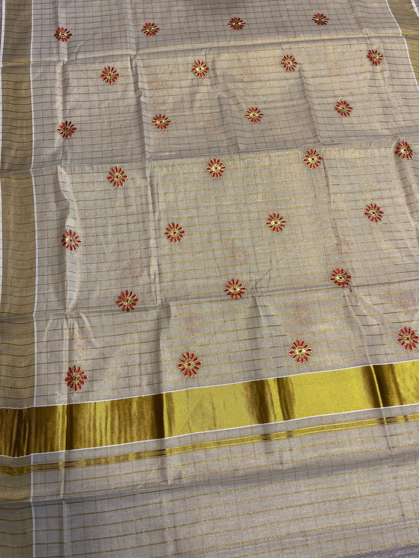 Southloom Tissue Kerala Kasavu Saree with Pink Check Floral Print on Border