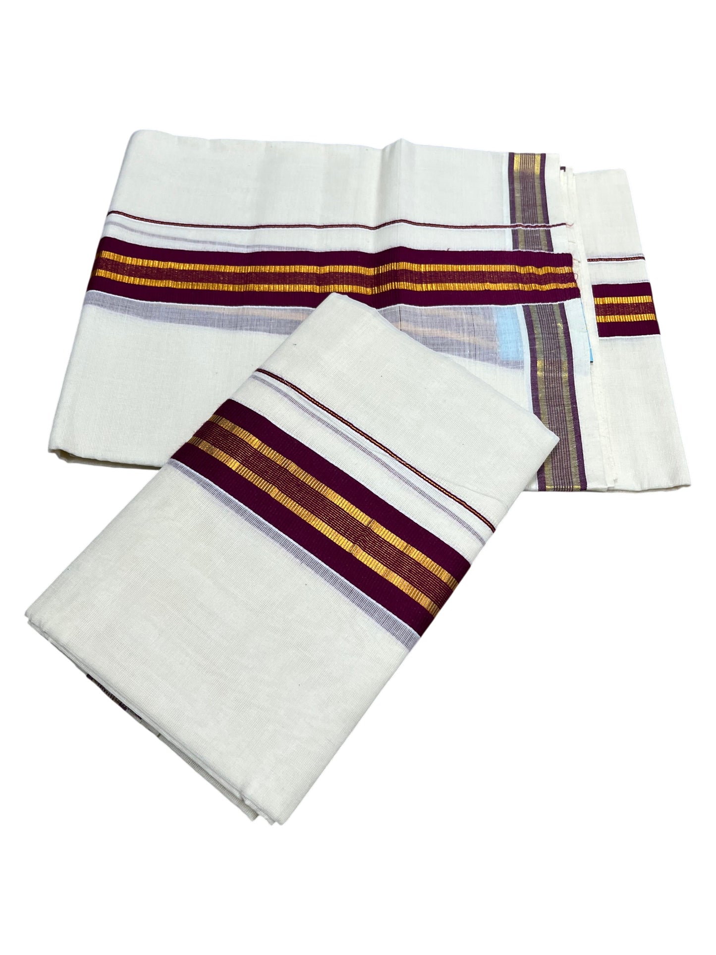 Southloom Kerala Cotton Single Set Mundu (Mundum Neriyathum) with Kasavu and Maroon Border  SLKK SL470