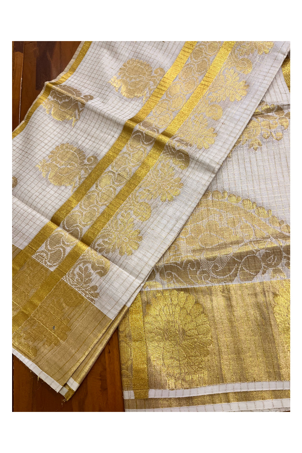 Pure Cotton Kerala Kasavu Micro Check Heavy Woven Design Saree (Vishu 2024 Collection)