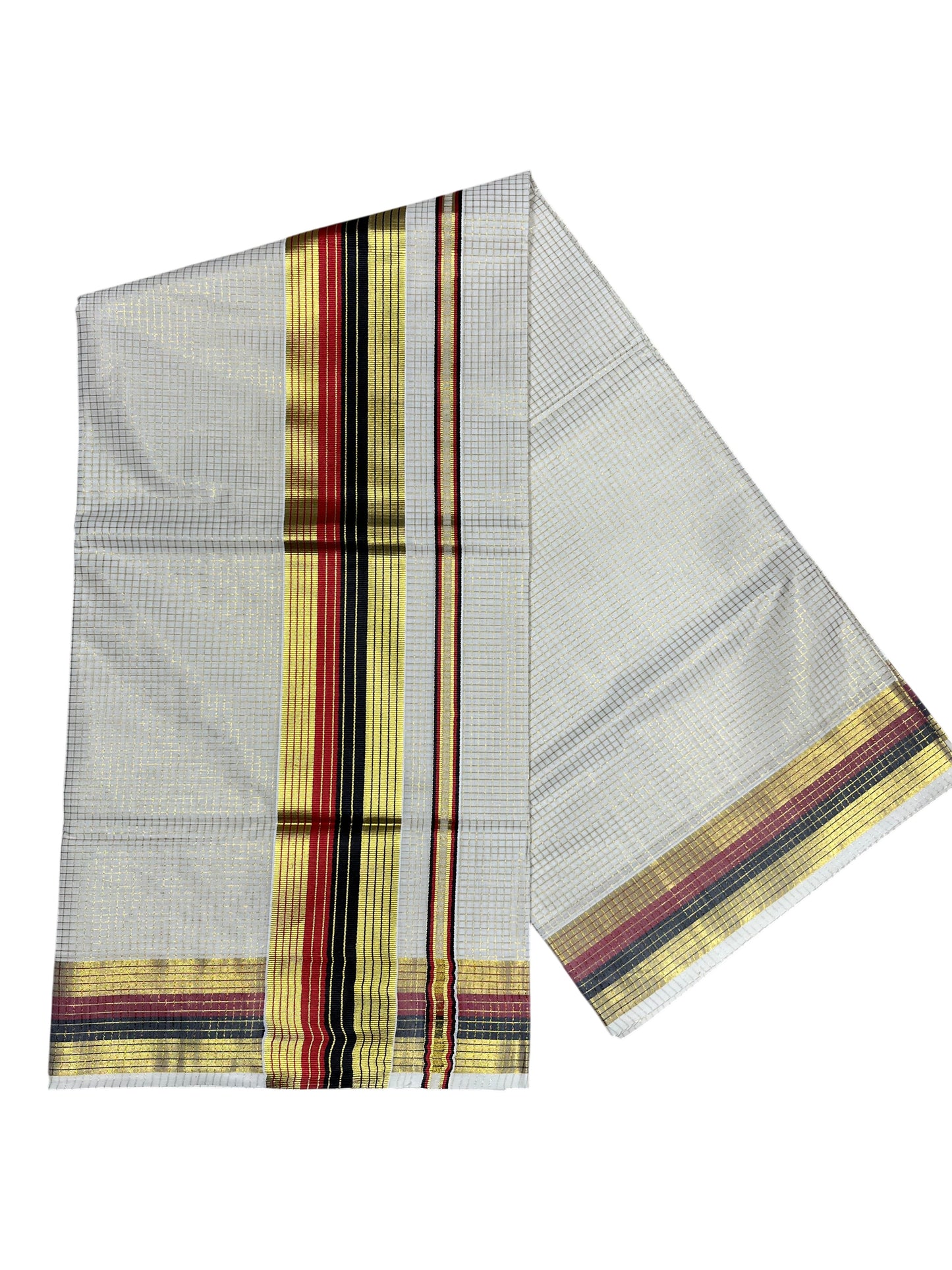 Southloom Kerala Cotton Kasavu Saree with Micro Check Design on Body in Red & Black Border