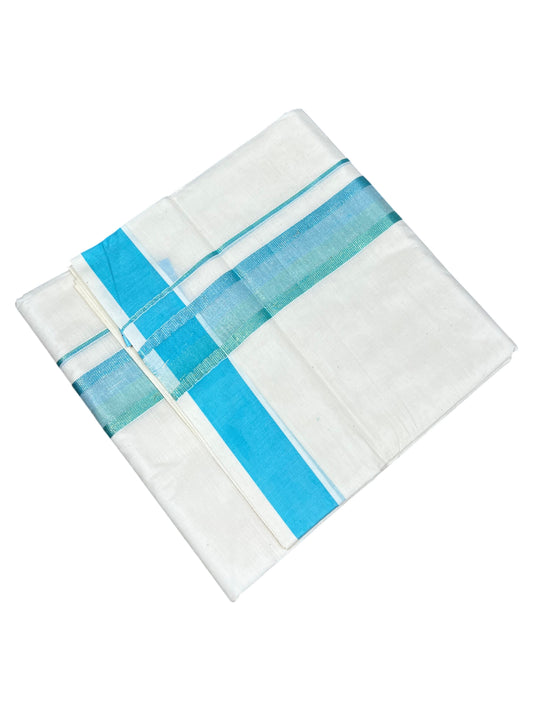 Southloom Kerala Pure Cotton Double Mundu with Blue Border (South Indian Dhoti)