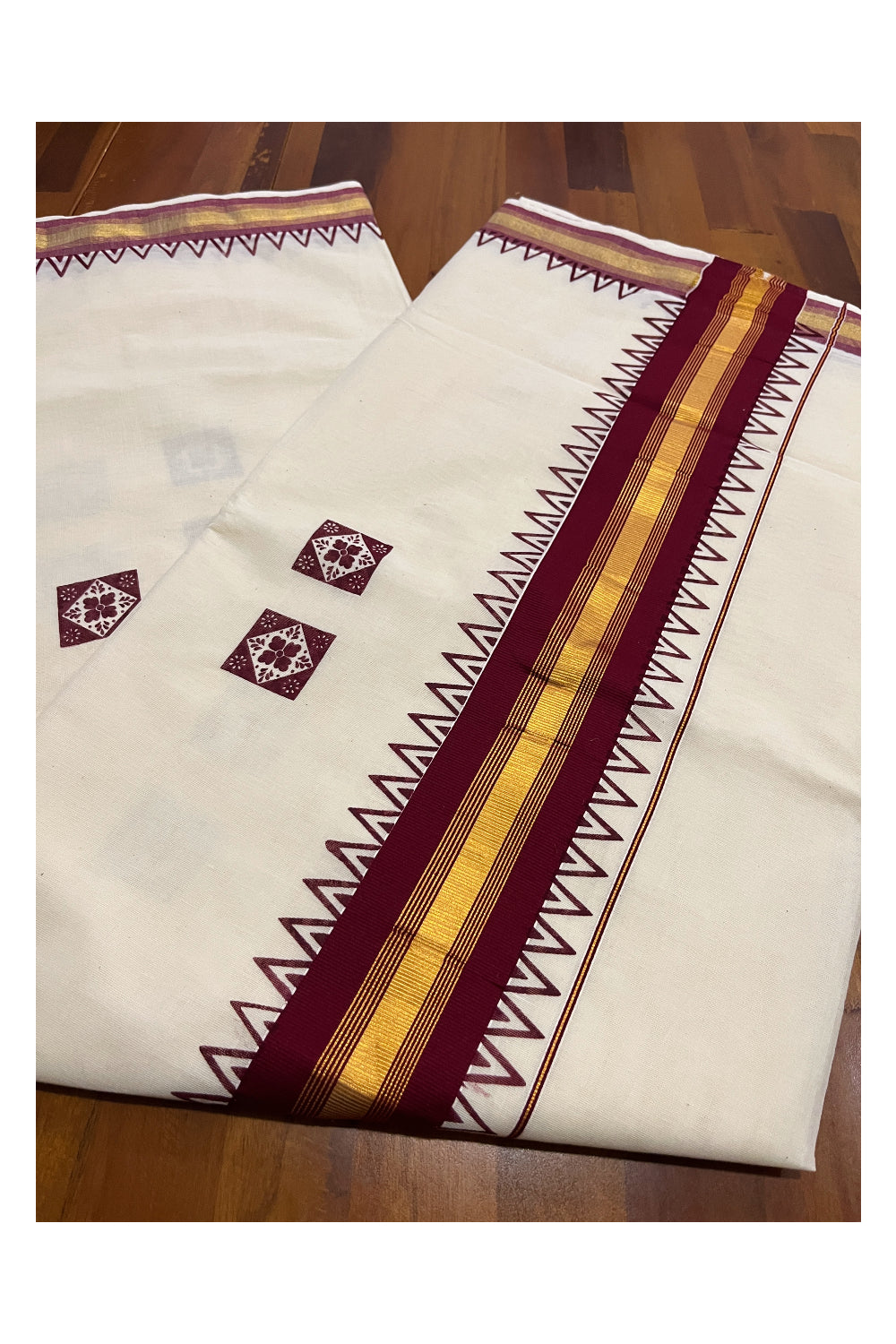 Pure Cotton Kerala Kasavu Saree with Maroon Temple Border and Block Prints on Body