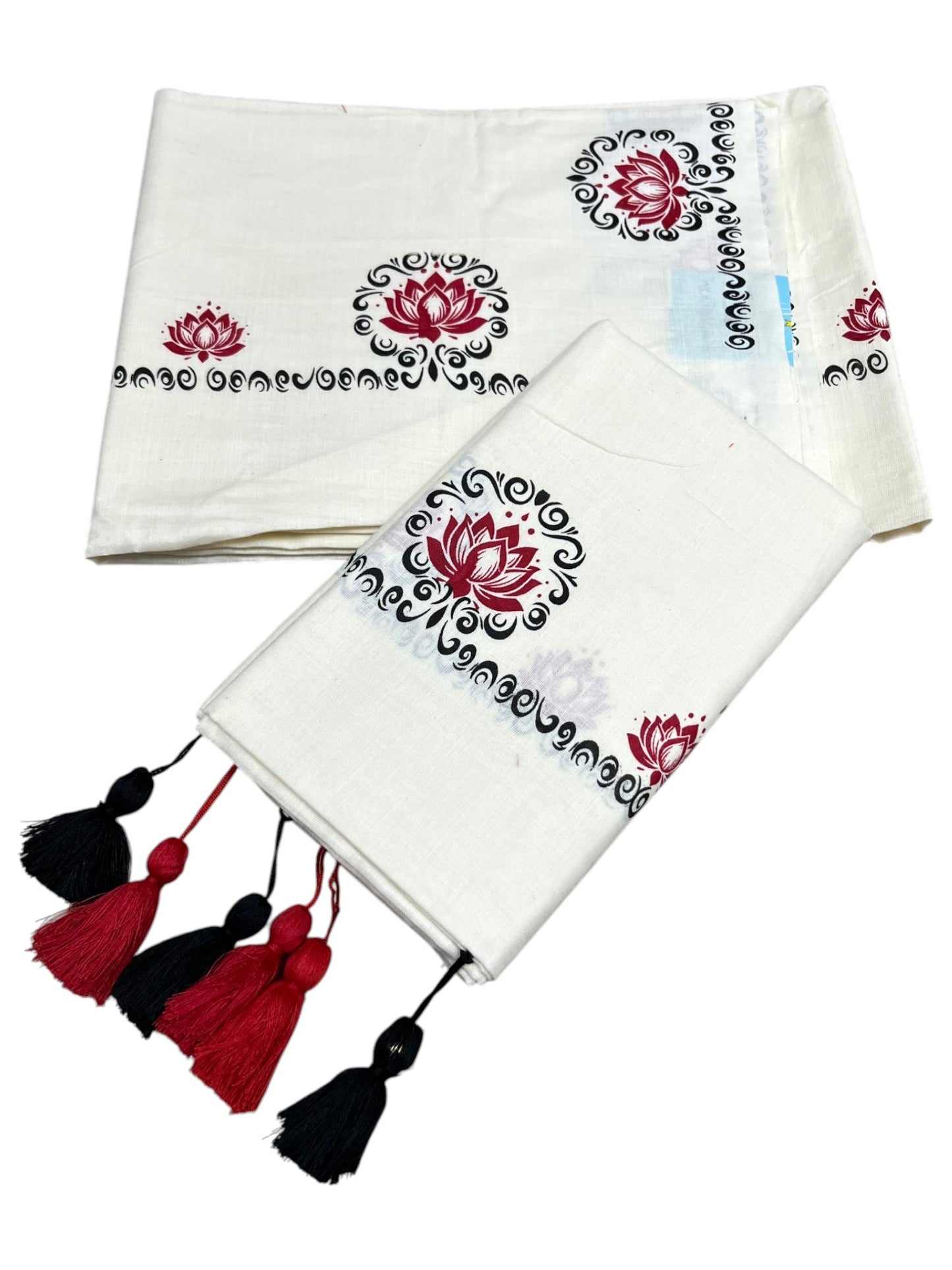 Southloom Kerala Cotton Single Set Mundu (Mundum Neriyathum) with Red &Black Lotus Block Printed Design