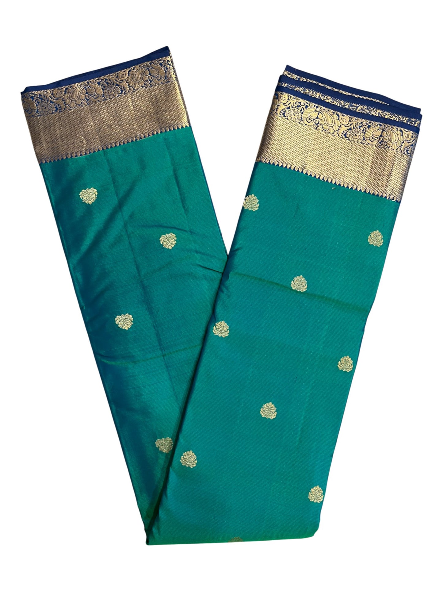 Southloom Pure Handloom Bridal Kanchipuram Silk Saree with Korvai Work (Green & Blue)