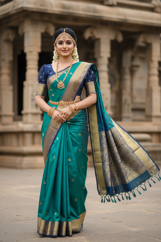 Southloom Pure Handloom Bridal Kanchipuram Silk Saree with Korvai Work (Green & Blue)