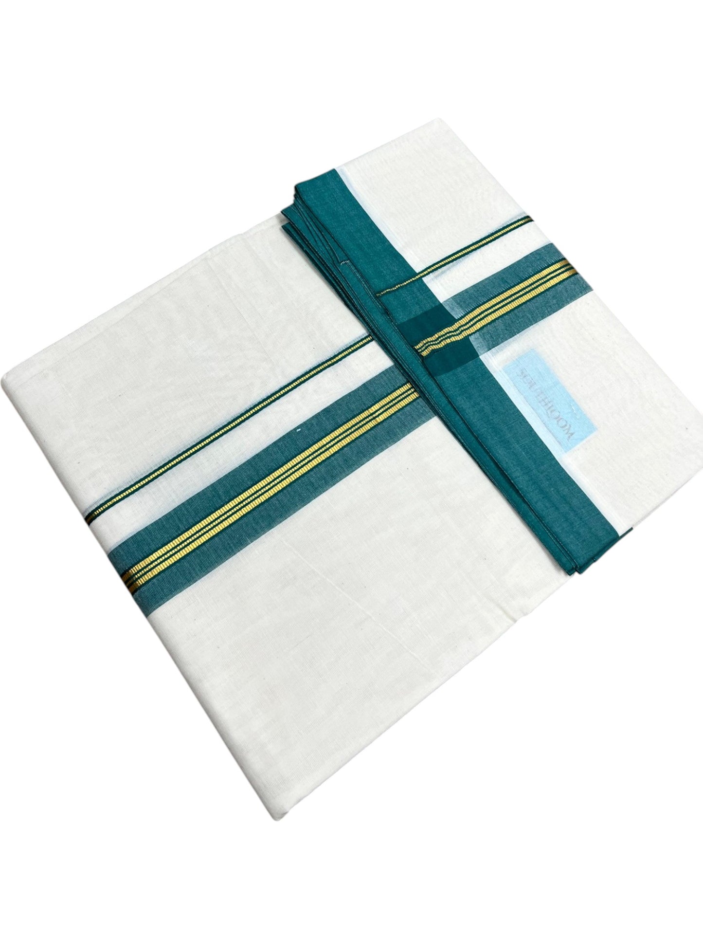 Southloom Pure Cotton Mundu with Gold Lines and Green Border (South Indian Kerala Dhoti)