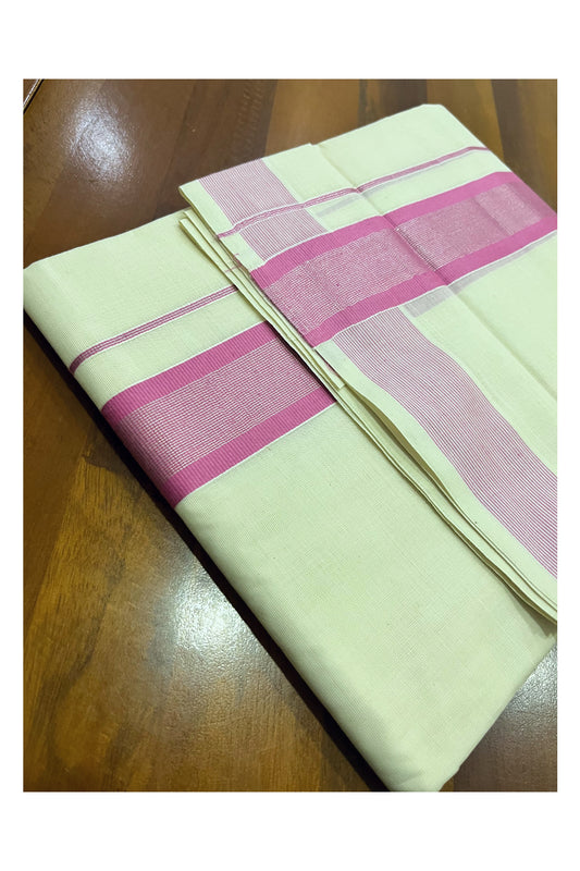 Kerala Pure Cotton Double Mundu with Pink and Silver Kasavu Border (South Indian Kerala Dhoti)