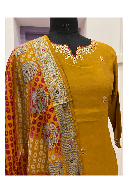 Southloom Stitched Muslin Cotton Yellow Salwar Set with Floral Thread Works in Yoke