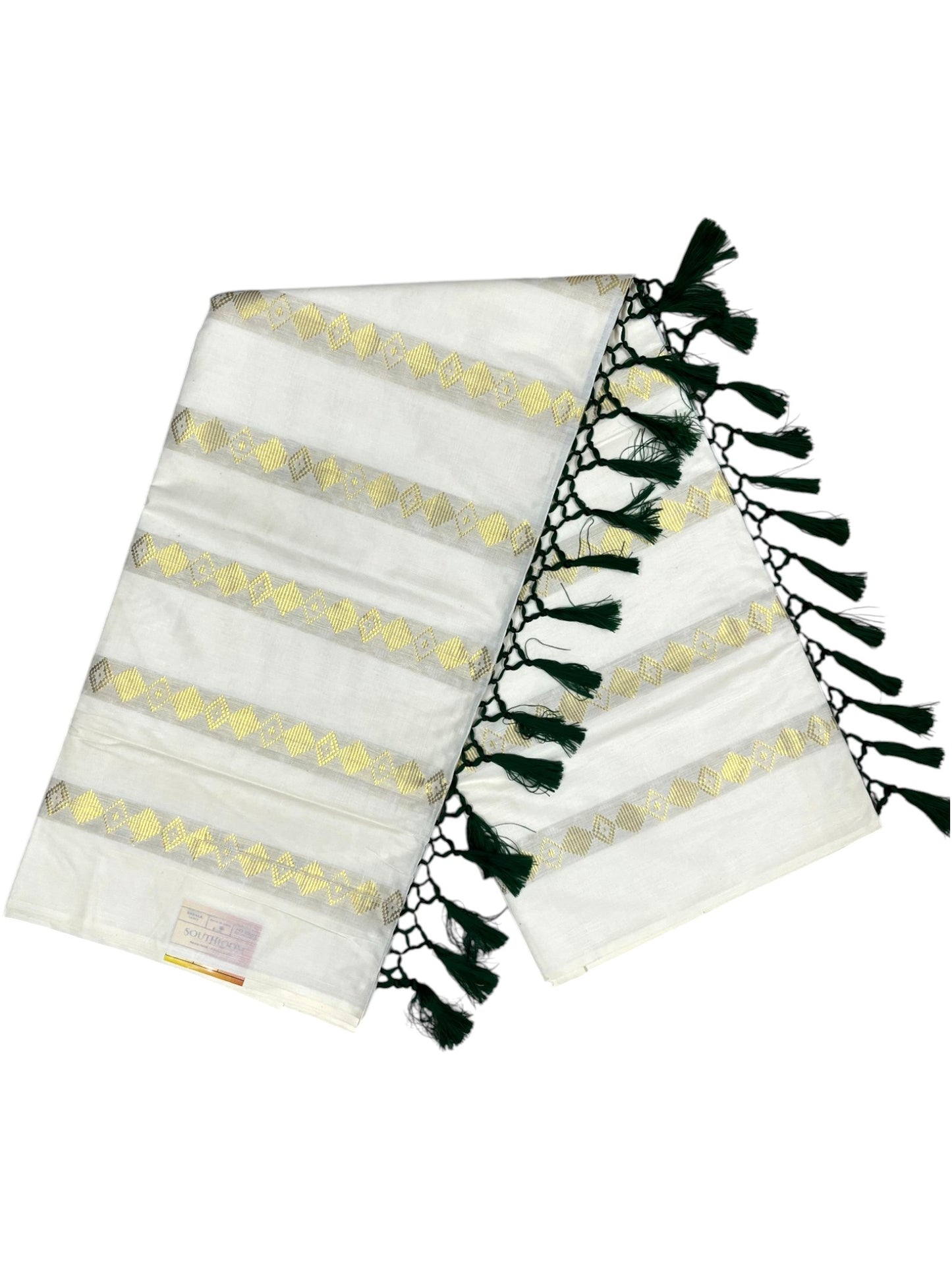 Southloom Kerala Cotton Kasavu Saree with Stripes on Body and Green Tussels