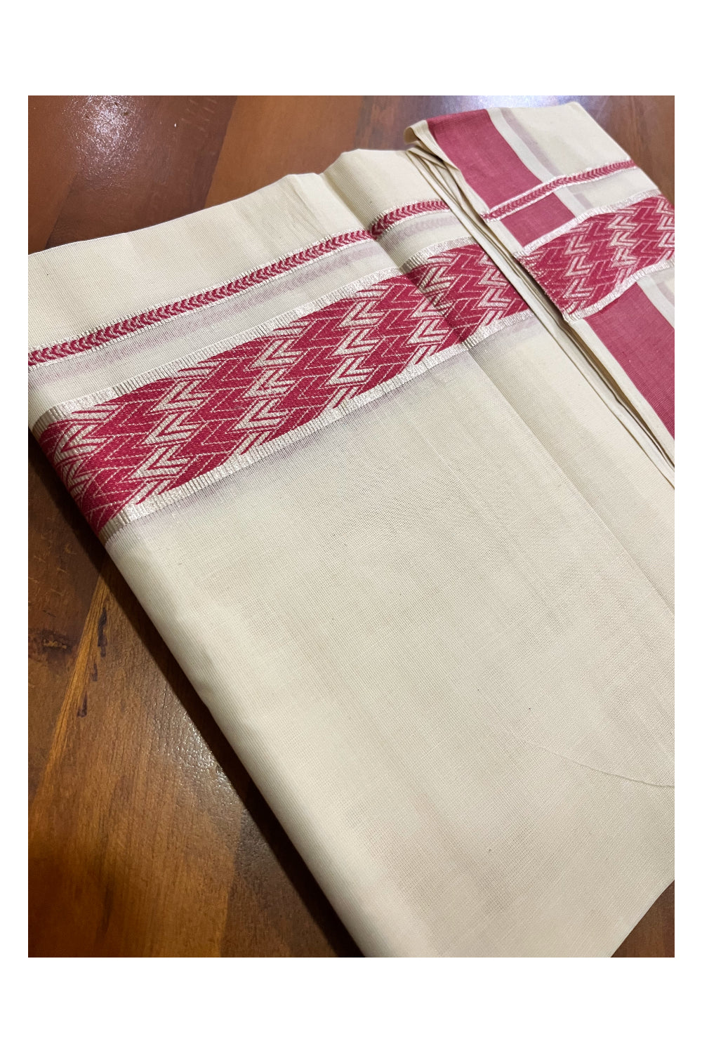 Kerala Pure Cotton Double Mundu with Silver Kasavu and Red Woven Border (Vishu 2024 Collection)