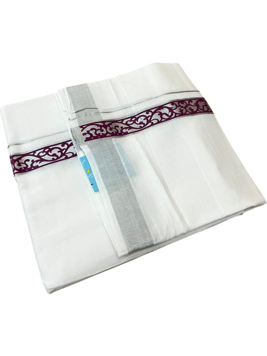 Southloom Pure White Cotton Mundu with Purple and Silver Kasavu Border (South Indian Kerala Dhoti)