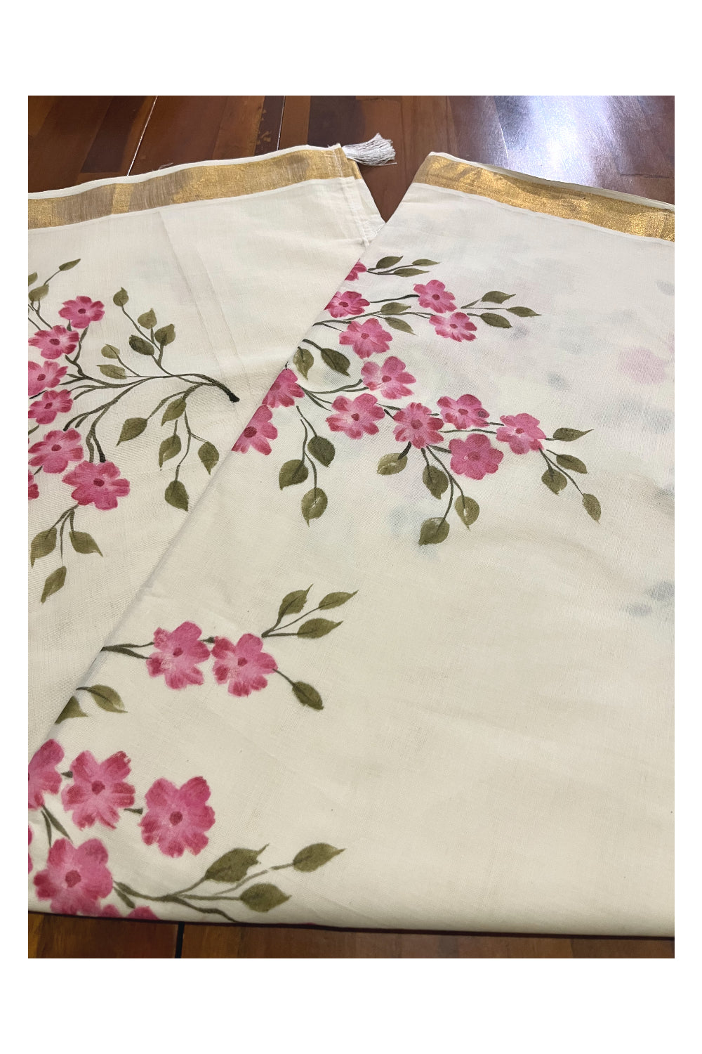 Kerala Cotton Kasavu Saree with Floral Painted Designs