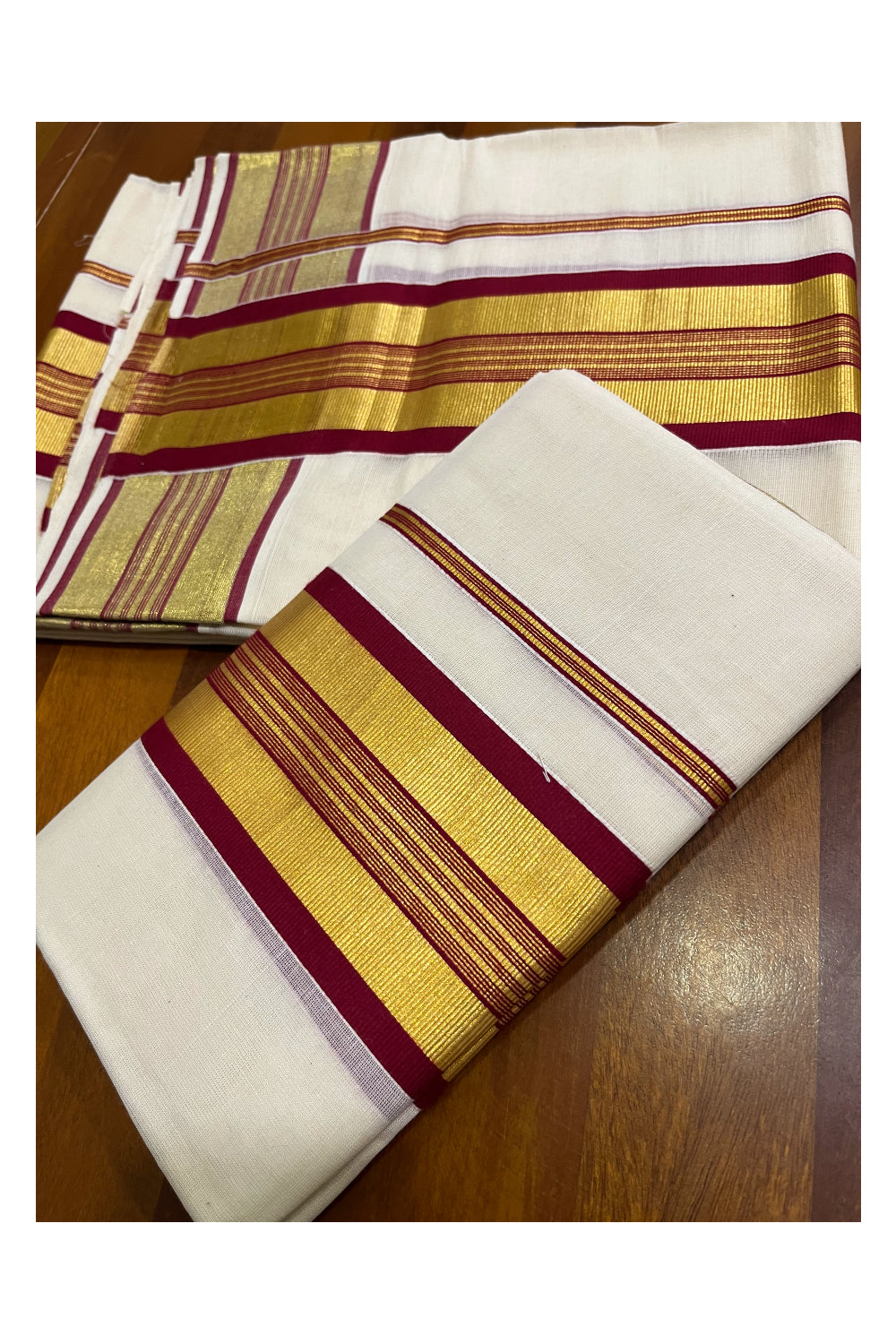 Kerala Cotton Set Mundu (Mundum Neriyathum) with Maroon and Kasavu Border 2.80 Mtrs