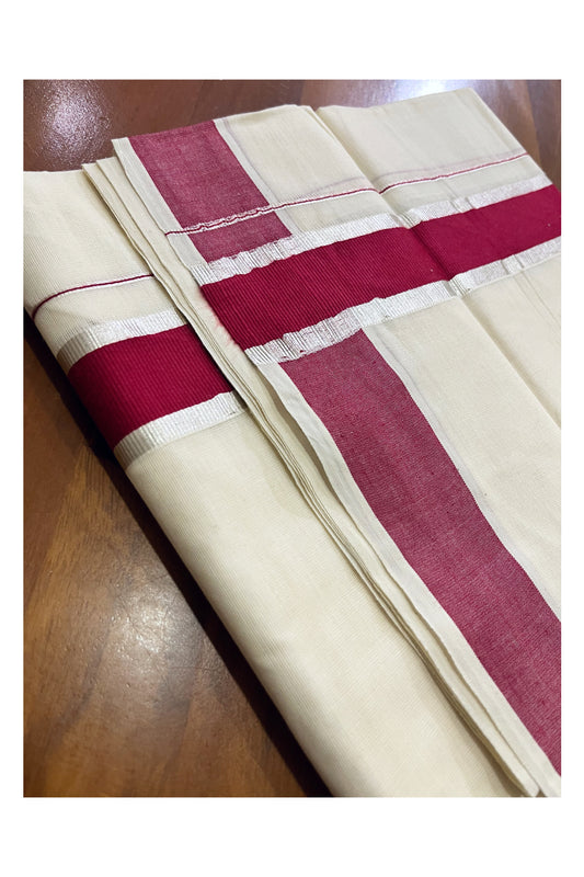 Pure Cotton Double Mundu with Maroon and Silver Kasavu Kara (South Indian Kerala Dhoti)