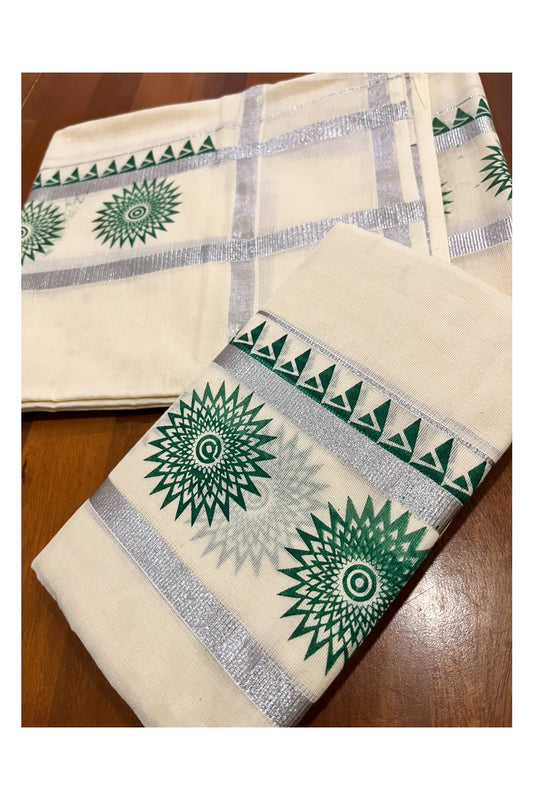 Kerala Pure Cotton Set Mundu Single (Mundum Neriyathum) with Green Temple Block Prints on Silver Kasavu Border