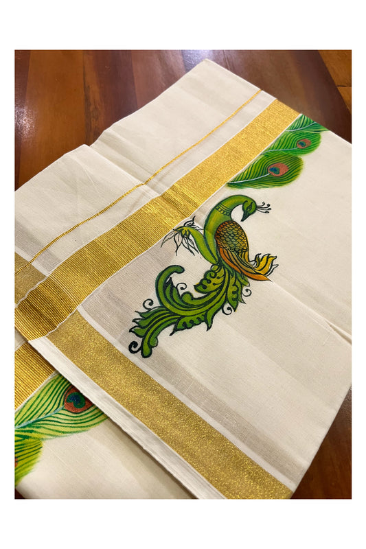 Pure Cotton Kerala Double Mundu with Peacock Hand Painted Designs on Kasavu Border (Vishu Collection 2024)