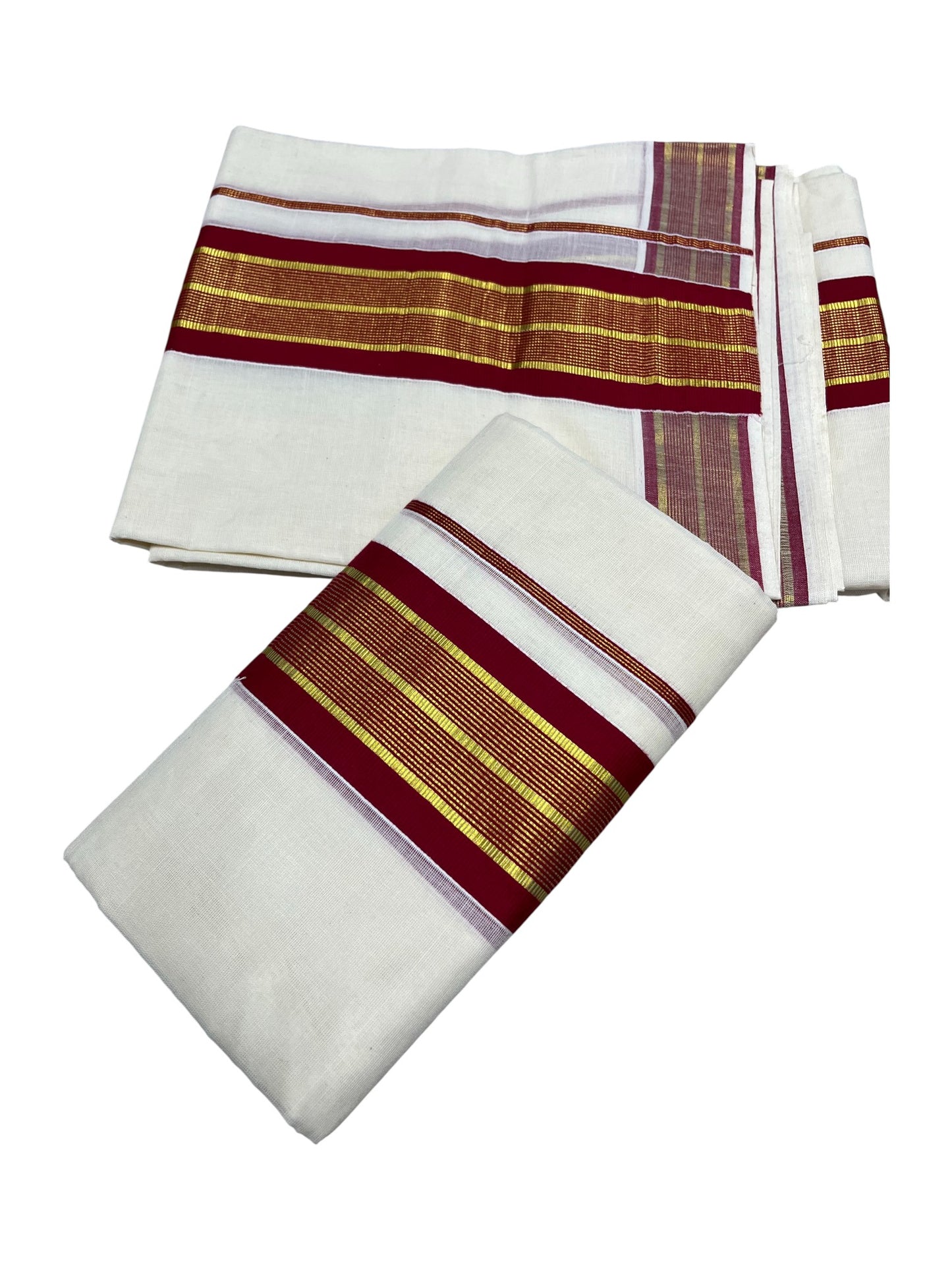Kerala Cotton Kasavu Single Set Mundu (Mundum Neriyathum) with Maroon Kasavu Border in 2.80 Mtrs SLKK SL470