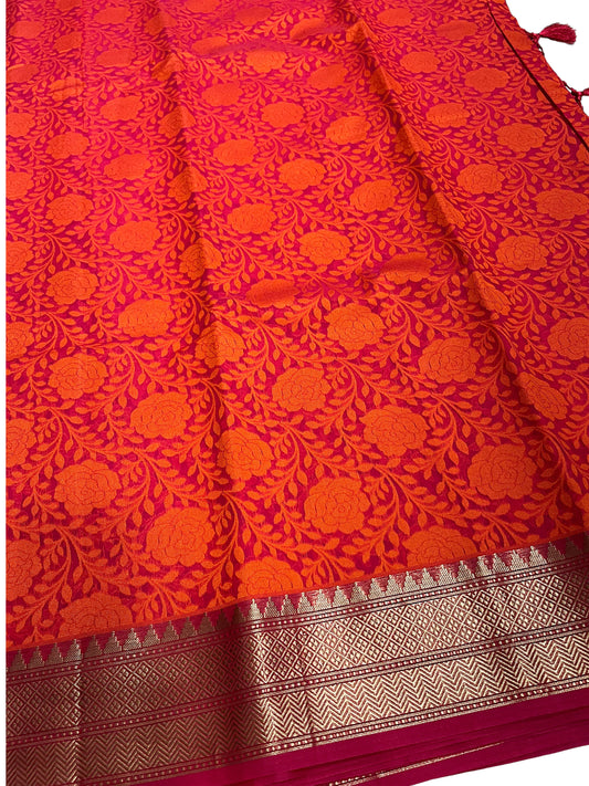 Southloom Cotton Banarasi Silk Saree with Woven Work on Body and Borders (Orange and Magenta)