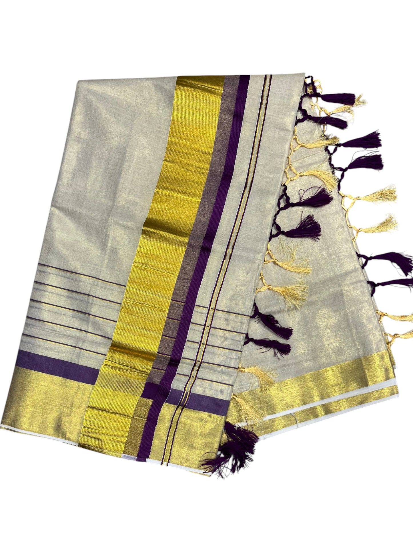 Southloom Kerala Tissue  Kasavu Saree with Stripes on Body with Purple Borders