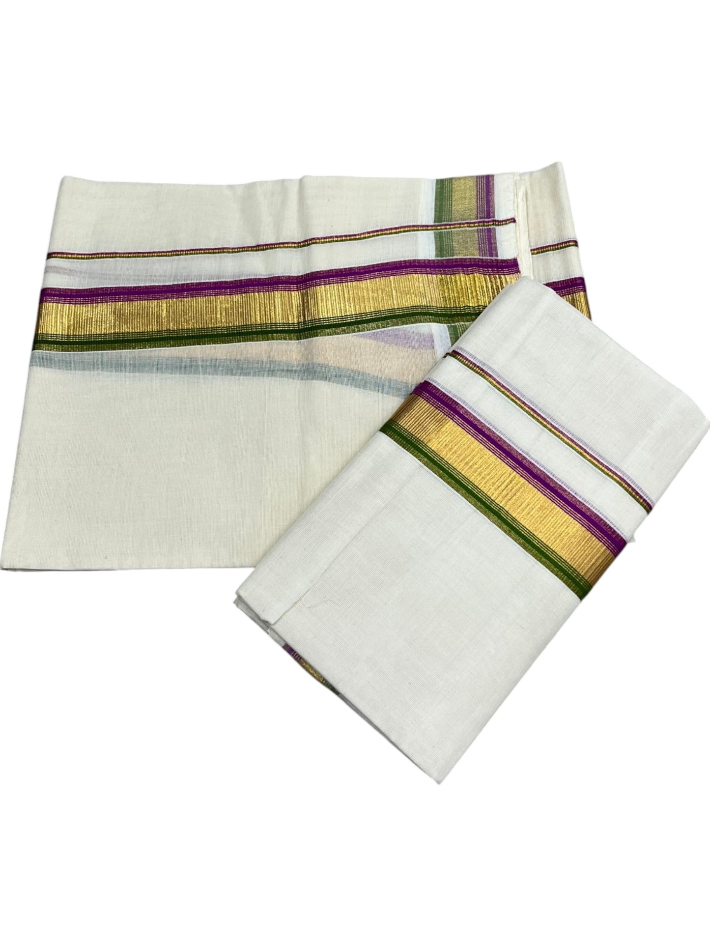Kerala Cotton Set Mundu (Mundum Neriyathum) with Kasavu and Magenta &Olive Green Border 2.80 Mtrs SLKK SL470