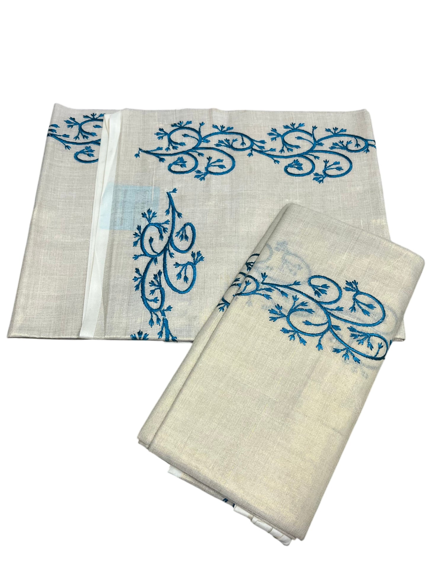 Southloom Kerala Tissue Kasavu Single Set Mundu (Mundum Neriyathum) Blue Embroidery Work