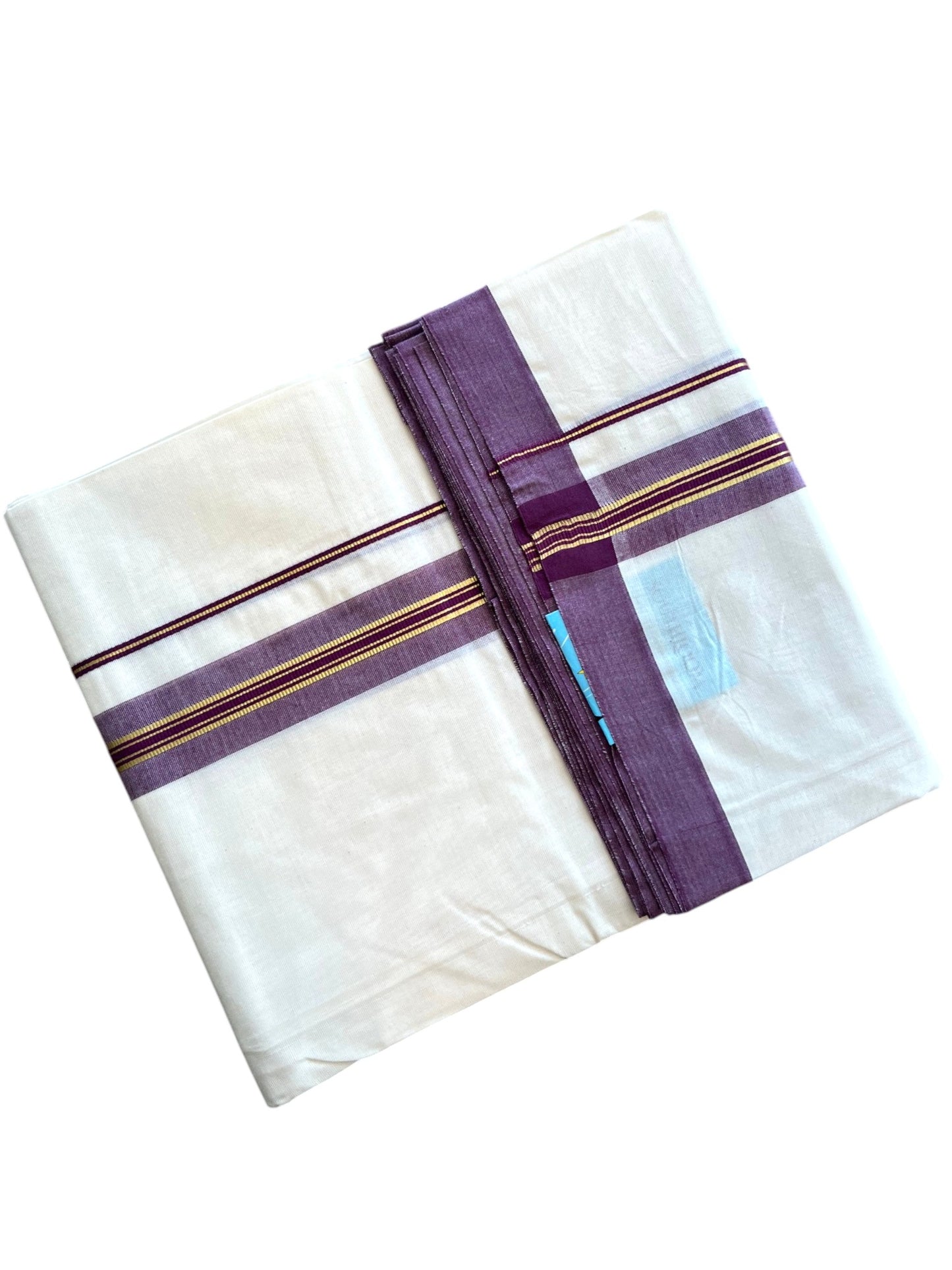 Southloom Pure Cotton Mundu with Golden Lines and Purple Border (South Indian Kerala Dhoti)