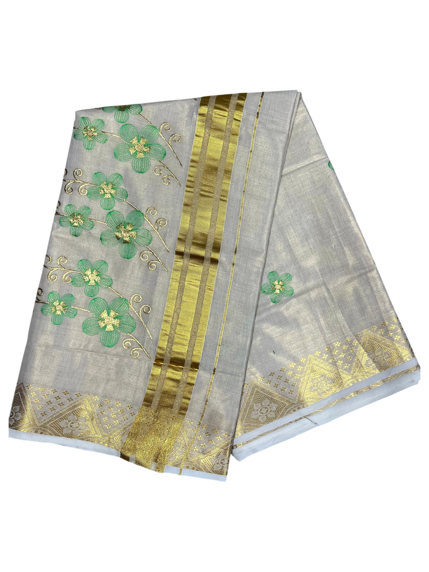 Southloom Kerala Tissue Kasavu Saree with Green Floral Embroidery Work on Body