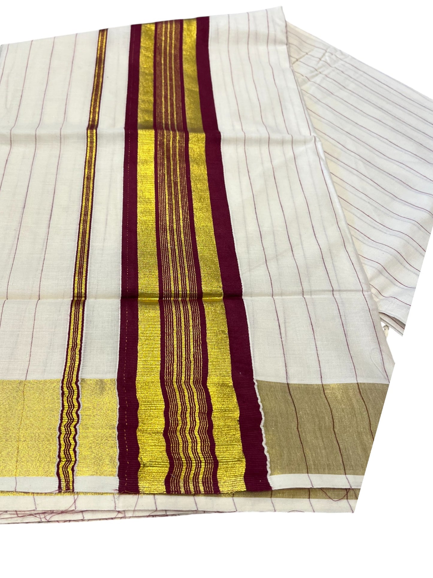 Southloom Kerala Cotton Kasavu Saree with Gold And Maroon Lines on Body