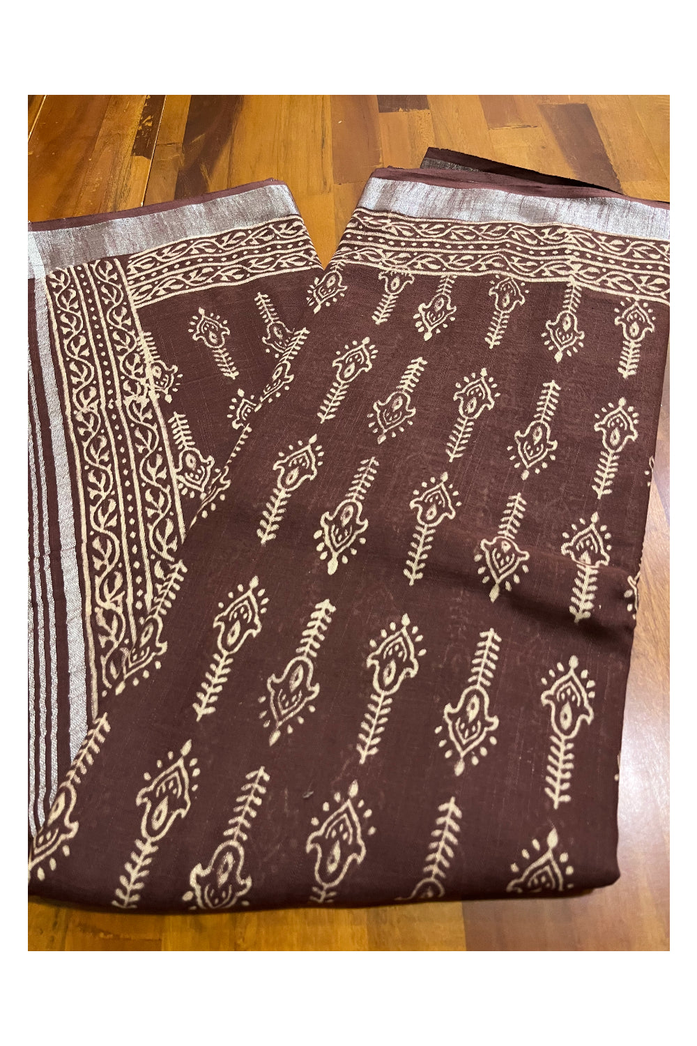 Southloom Linen Brown Designer Saree with Floral Prints