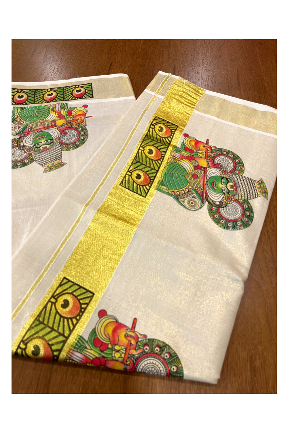 Kerala Tissue Kasavu Saree with Kathakali Mural Prints on Border and Pallu