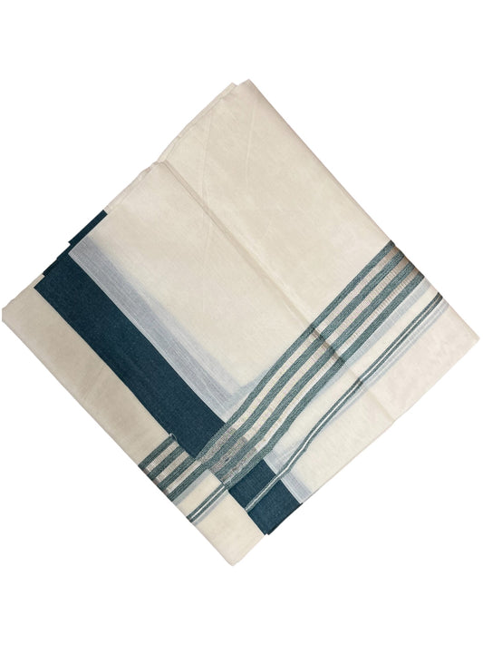 Southloom Kerala Pure Cotton Double Mundu with Green And Silver Lines Border (South Indian Dhoti)