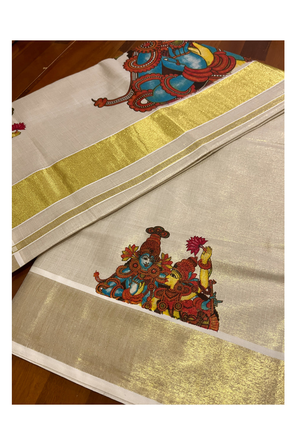 Kerala Tissue Kasavu Saree with Krishna Radha Mural Printed Design