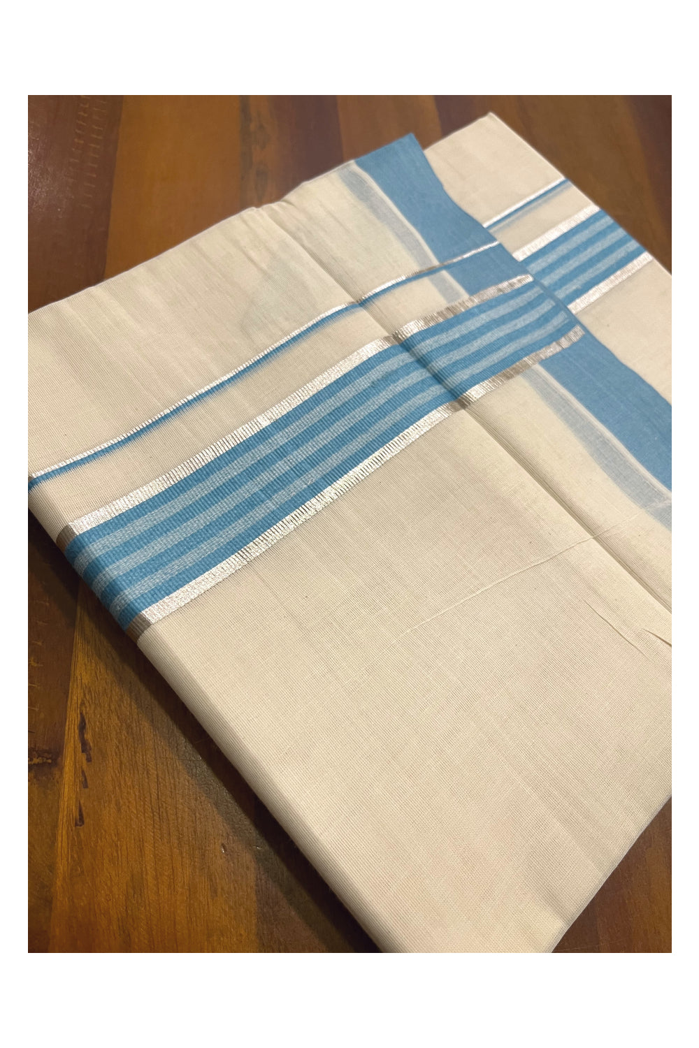 Kerala Pure Cotton Double Mundu with Silver Kasavu and Light Blue Border (South Indian Kerala Dhoti)