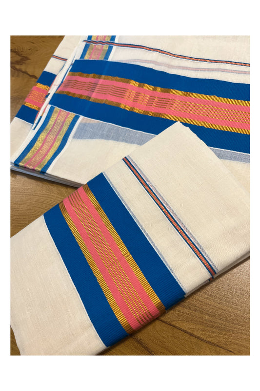 Kerala Cotton Kasavu Set Mundu (Mundum Neriyathum) with Blue and Peach Border 2.80 Mtrs