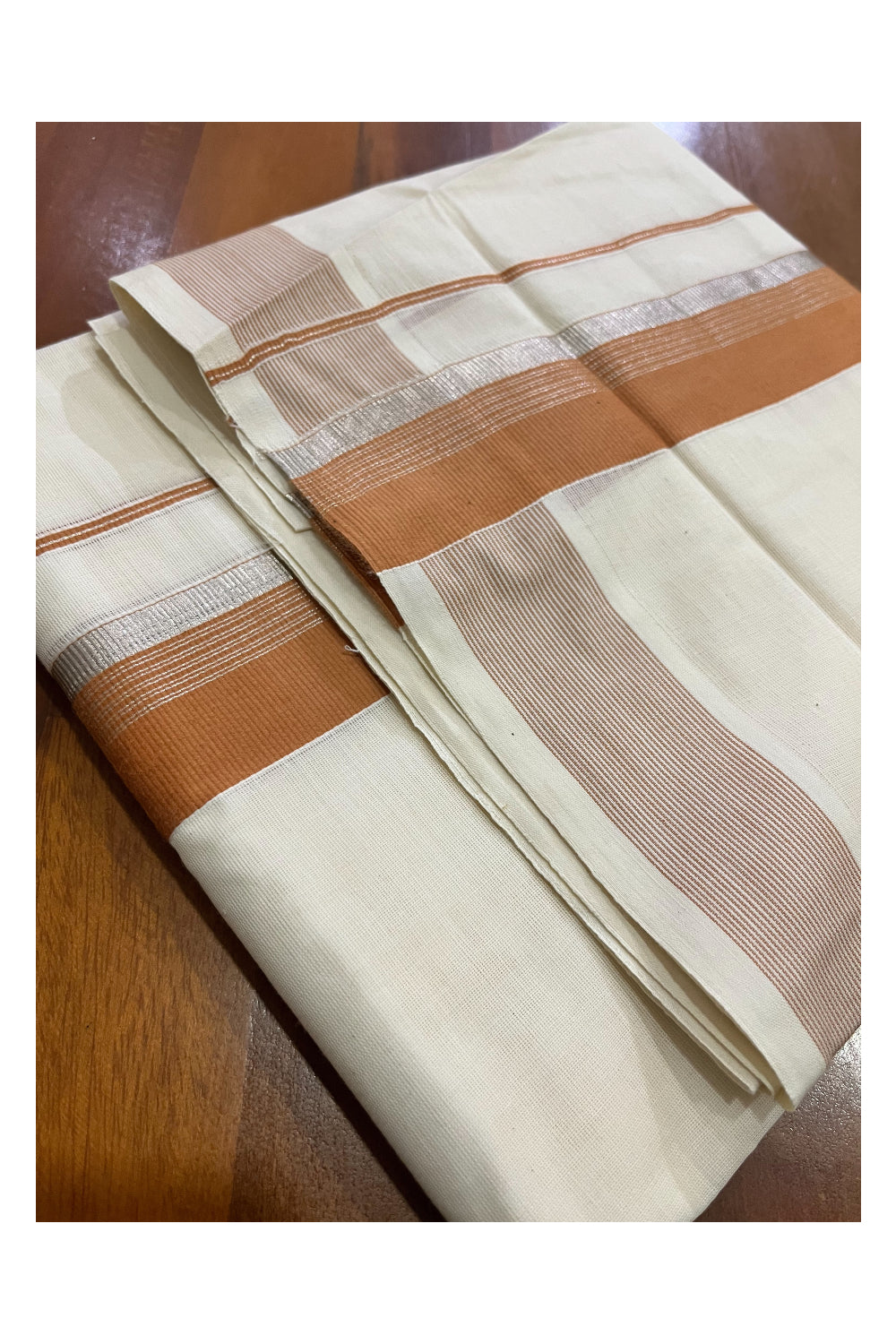 Off White Kerala Cotton Double Mundu with Silver Kasavu and Orange Border (South Indian Kerala Dhoti)