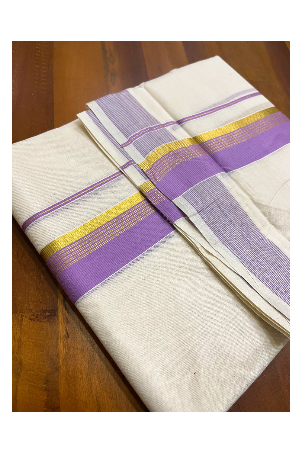 Kerala Pure Cotton Double Mundu with Violet and Kasavu Border (South Indian Kerala Dhoti)