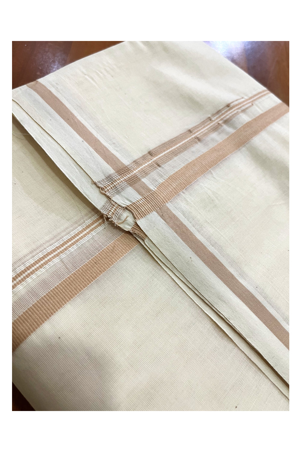 Pure Cotton Off White Kerala Double Mundu with Beige Puliyilakkara Chutti Border (South Indian Dhoti)