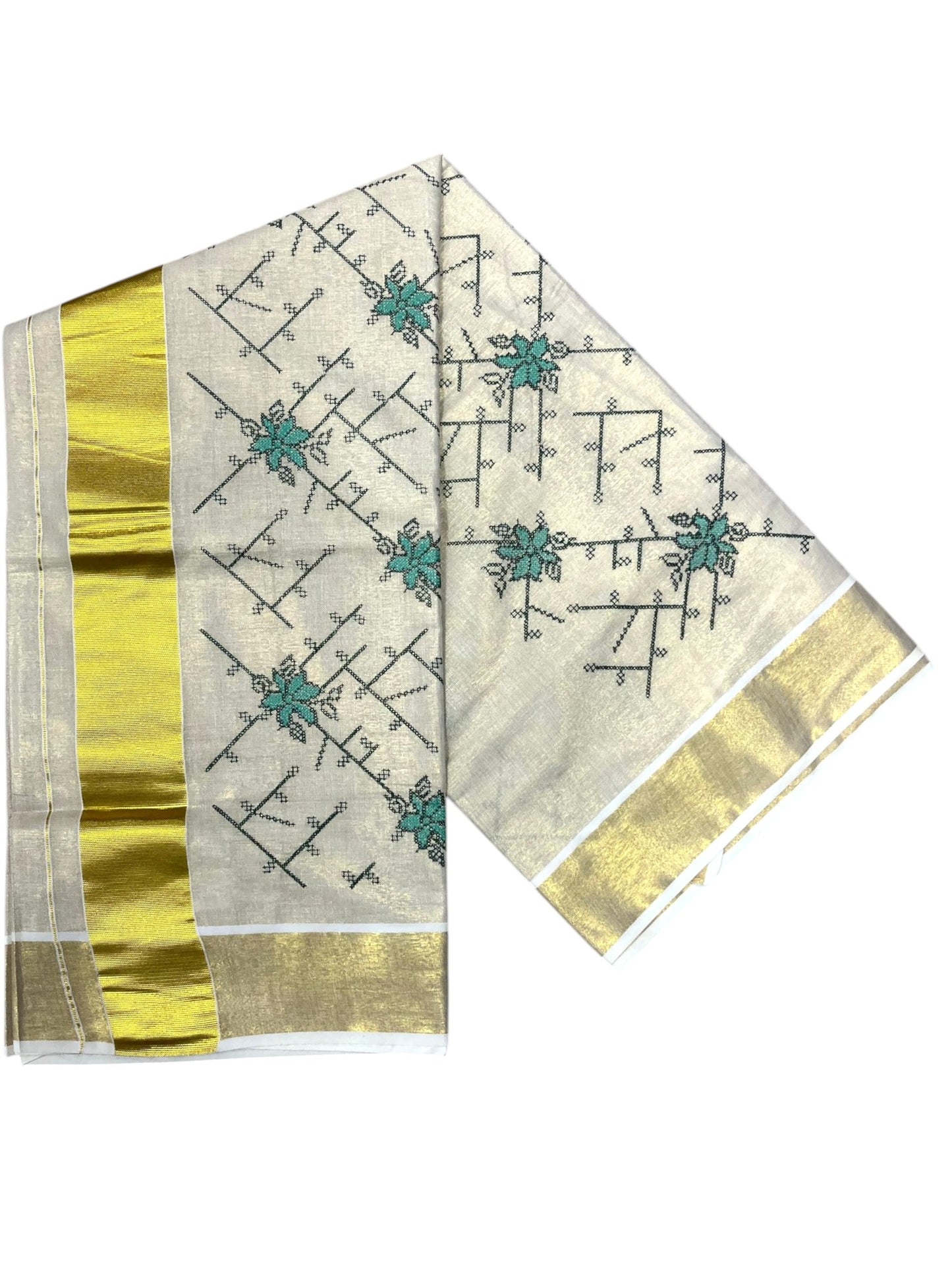 Southloom Tissue Kerala Kasavu Saree with Floral Embroidery Work on Body in Green