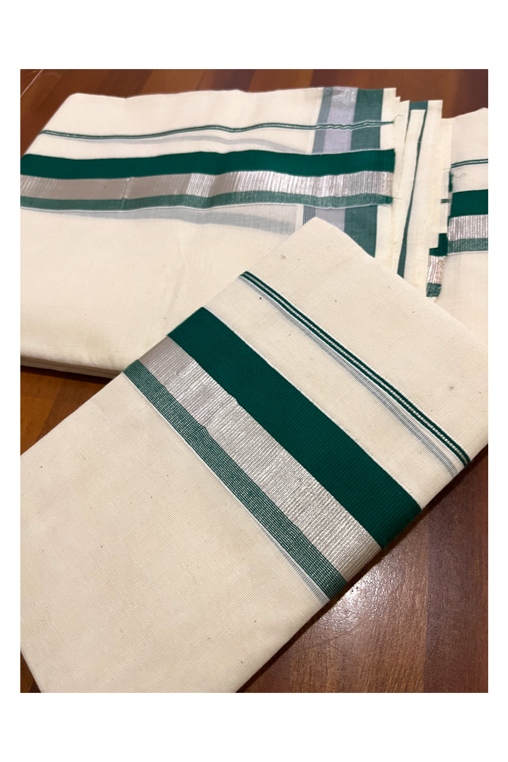 Pure Cotton Mundum Neriyathum Double (Set Mundu) with Green and Silver Kasavu Border 2.80 Mtrs