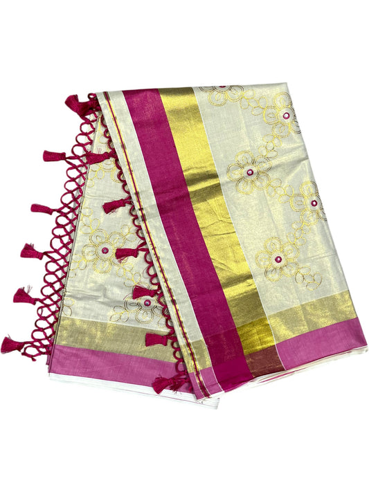 Kerala Tissue Kasavu Stripes Saree with Gold and Pink Floral Embroidery Design on Body