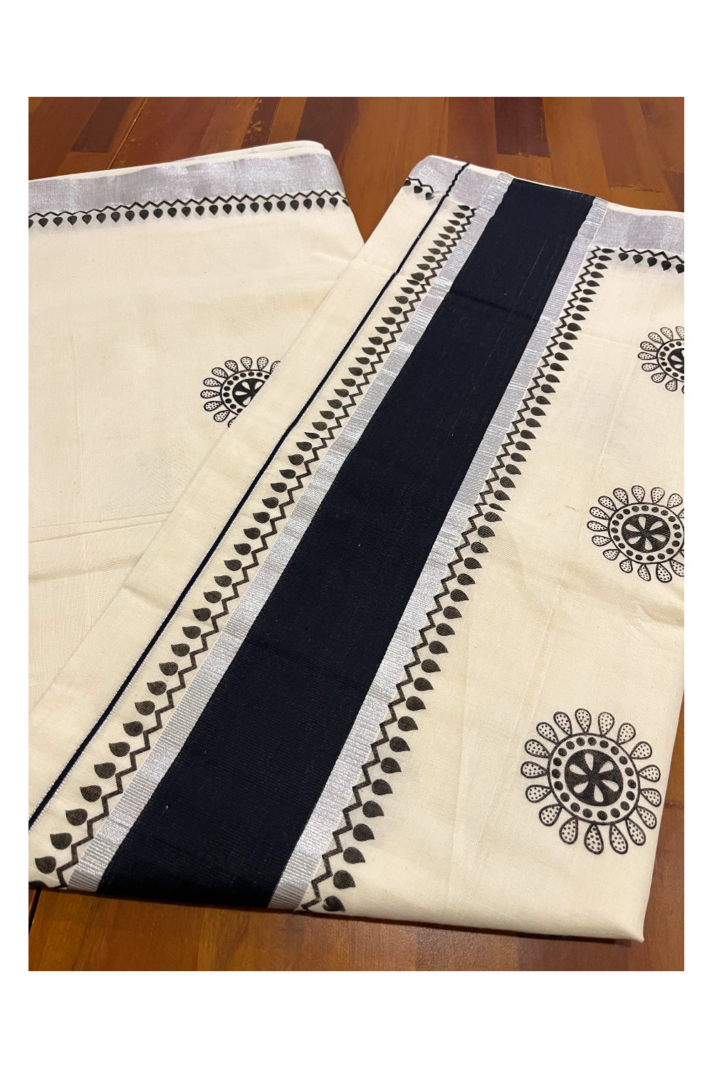 Kerala Pure Cotton Saree with Black Block Prints and Silver Kasavu Border