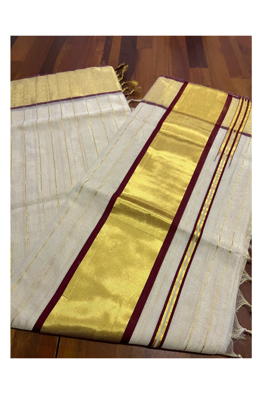 Southloom Premium Handloom Tissue Kasavu Lines Design Saree with Maroon Border