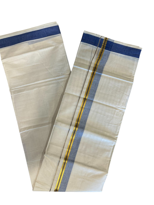Southloom Pure Cotton Mundu with Blue Lines and Blue Border (South Indian Kerala Dhoti)