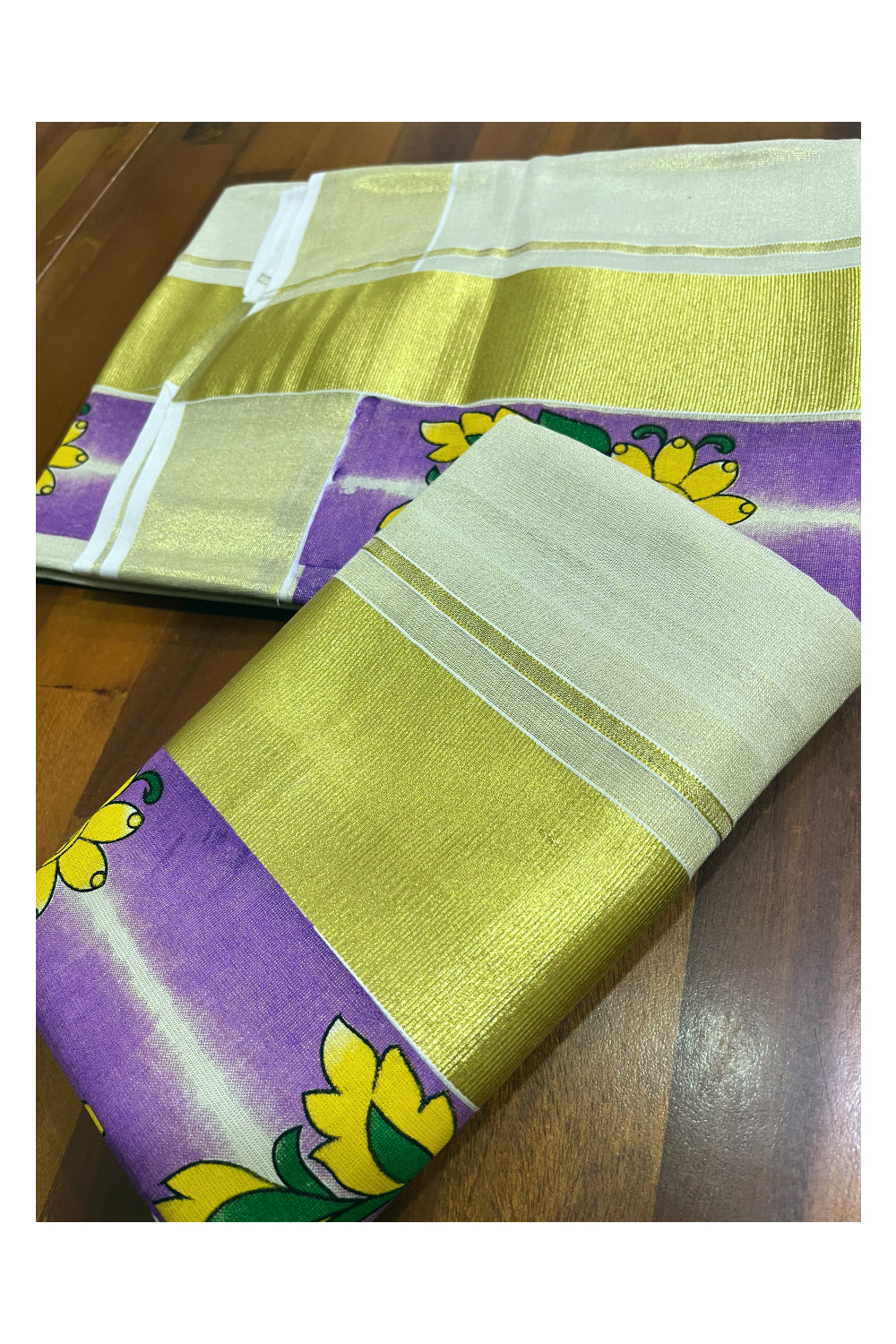 Kerala Tissue Single Set Mundu (Mundum Neriyathum) with Yellow Floral Block Prints in Violet Border 2.80 Mtrs (Onam 2024 Collection)