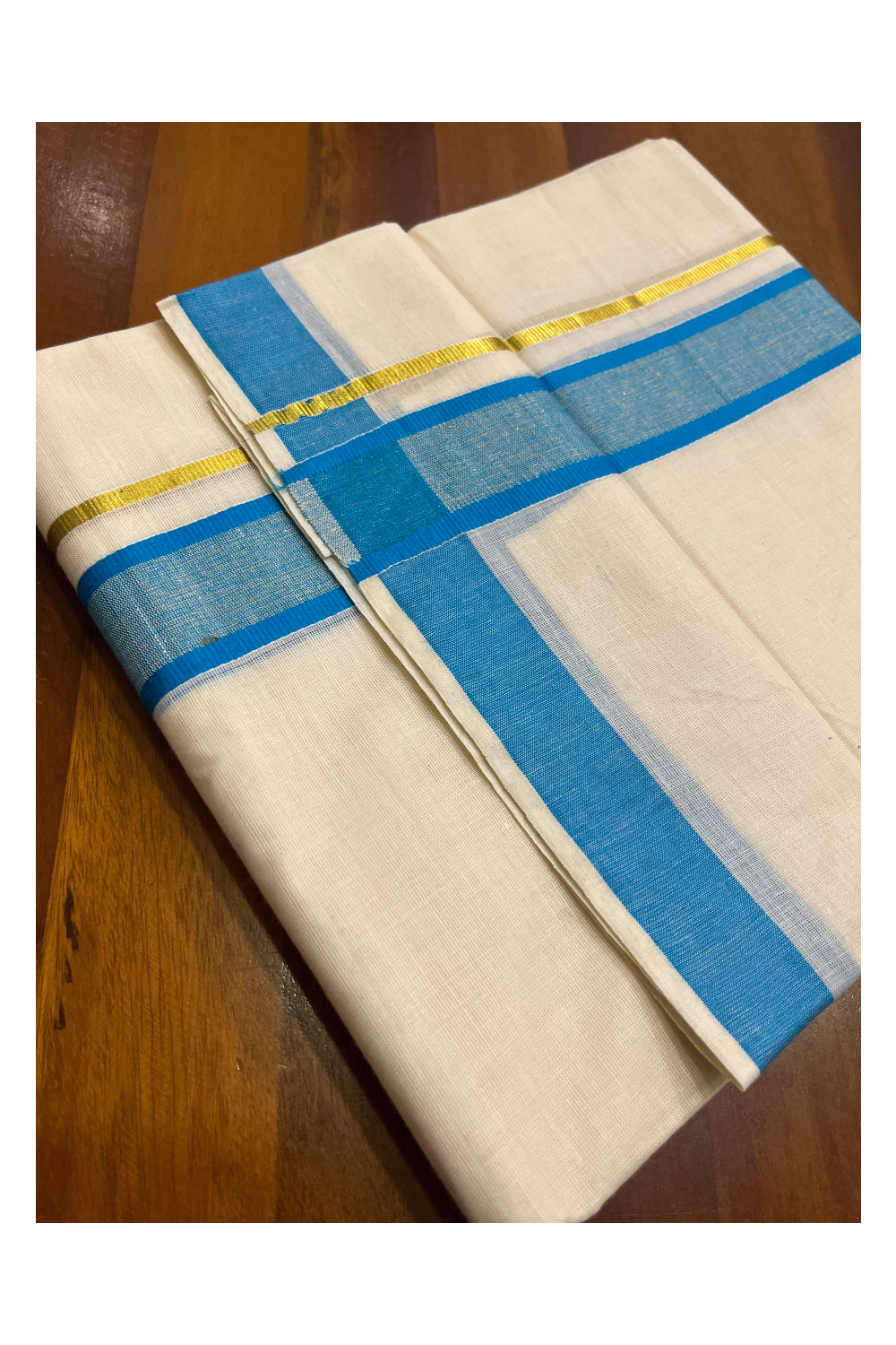 Kerala Pure Cotton Double Mundu with Blue and Kasavu Border (South Indian Kerala Dhoti)